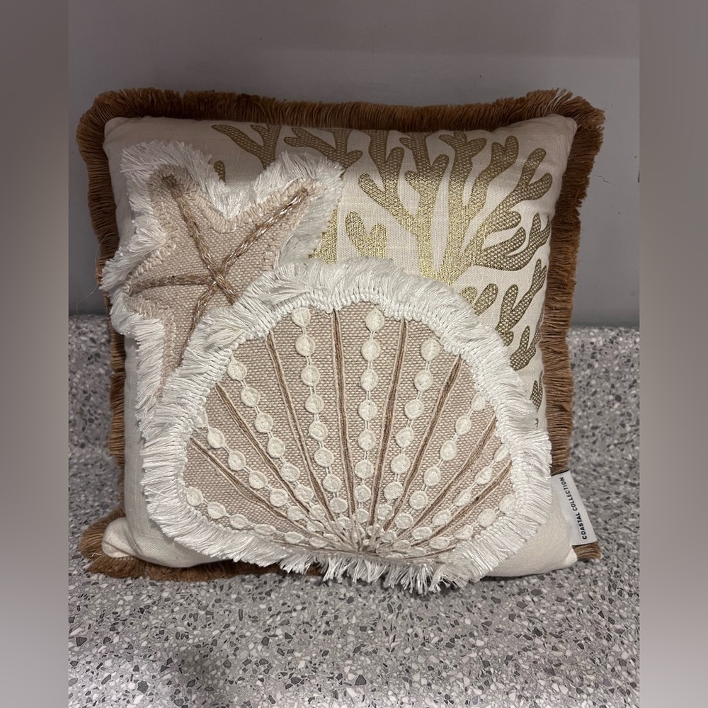 2 Pillows: Coastal Shell & Crab Embroidered Throw Pillows - Neutral